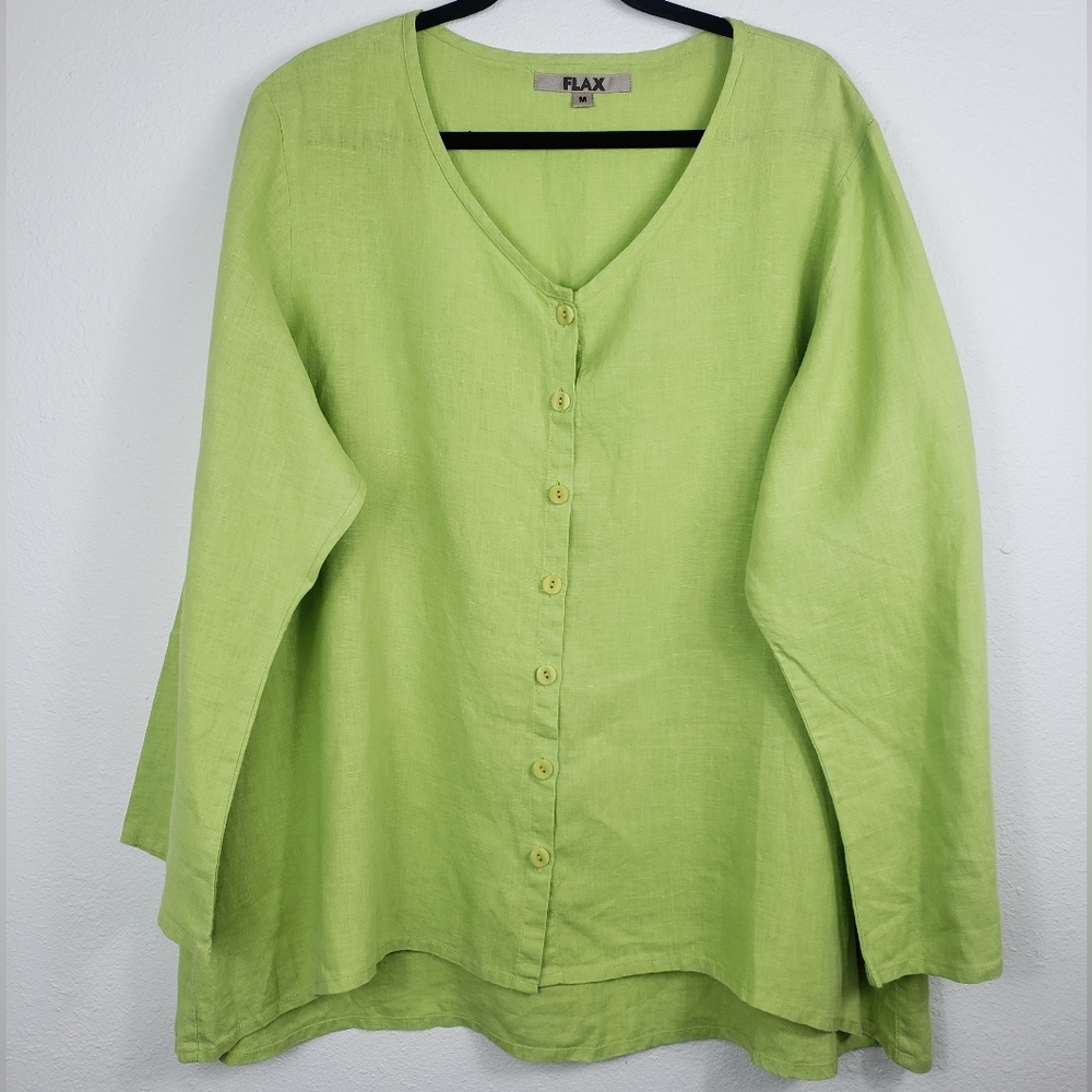 FLAX Lime Green Linen Star Gazer V-neck Button Front Cardigan Lagenlook Medium